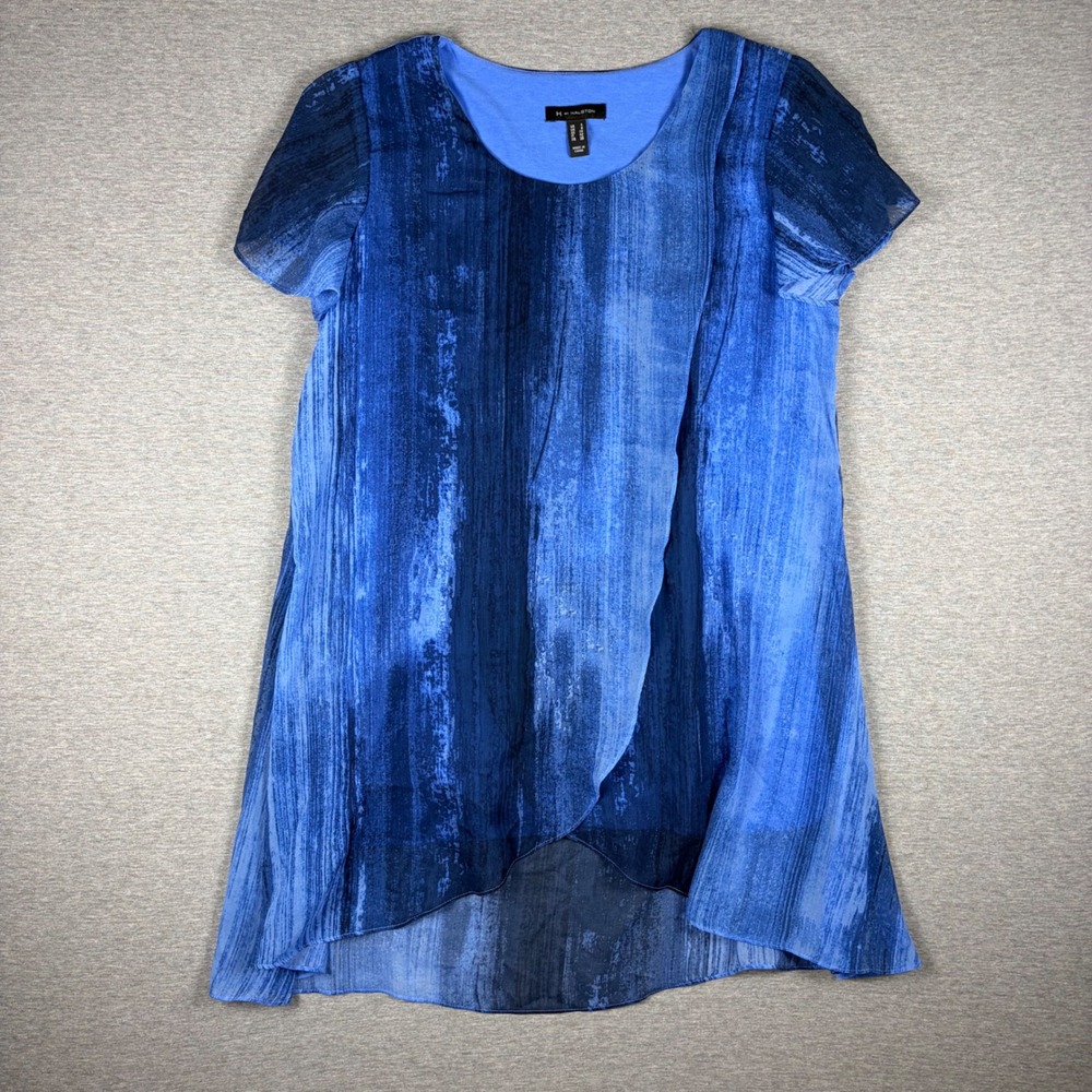 H by Halston Dress Size 4 Blue Abstract Watercolor Print Short Sleeve High Low